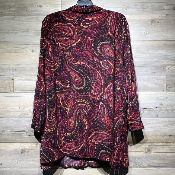 Catherines Button-Up Tunic Top Blouse 4X Red Multicolor Paisley Roll Tab Sleeves - Picture 2 of 7